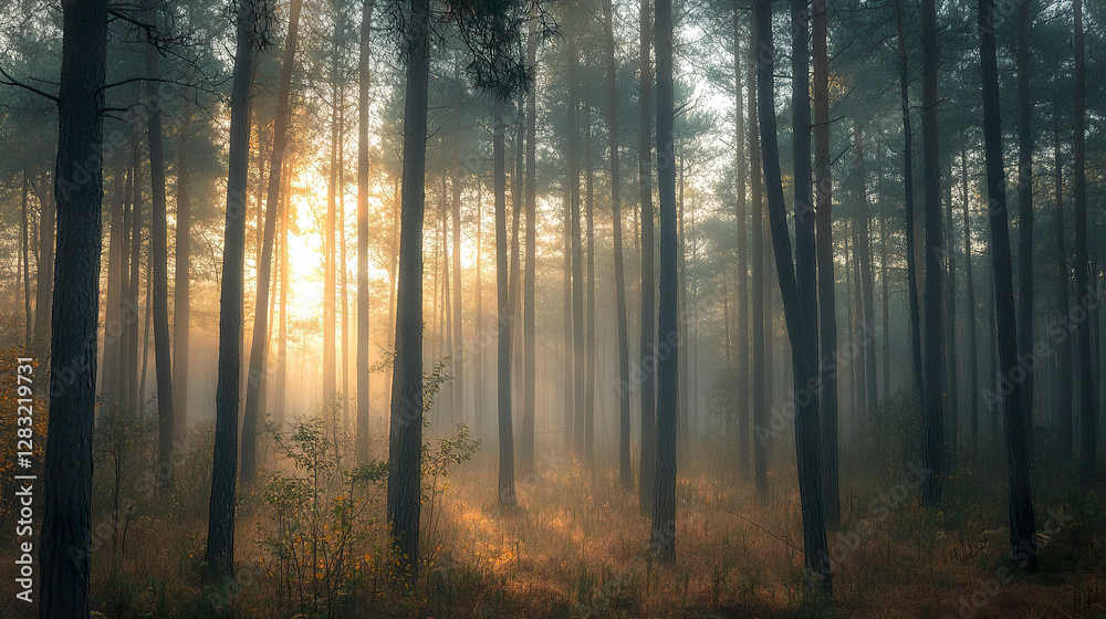 Obraz premium Dawn's Embrace: Misty Pine Forest 