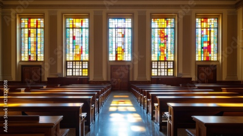 A legislative hall with stained glass windows and wooden desks. Featuring tradition and heritage