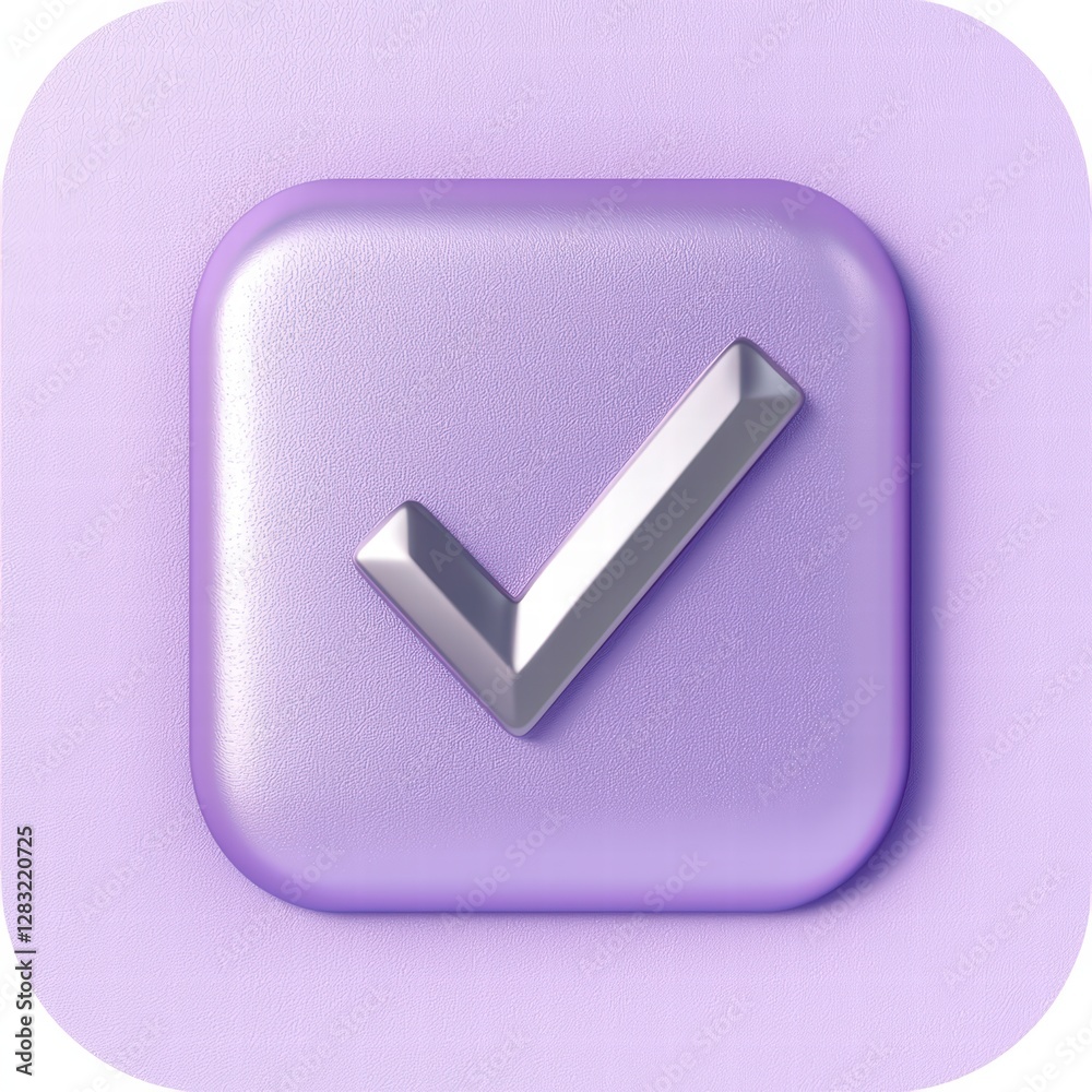 Validation Icon: A sleek, 3D rendered checkmark icon in a soft purple square, symbolizing completion, approval, and agreement. Validation Icon: A sleek, 3D rendered checkmark icon in a soft purple square, symbolizing completion, approval, and agreement.