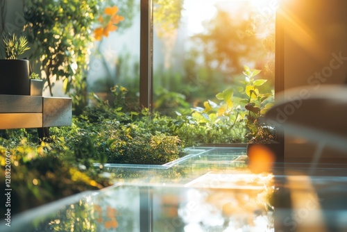 A bright and warm sunbeam illuminates a glass table, perfect for decorating or styling