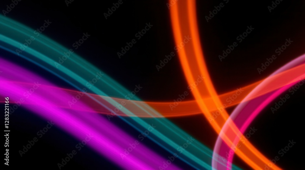 Naklejka premium A mesmerizing abstract of glowing light trails dances across a dark background, blending teal, pink, and orange.