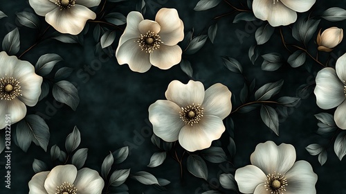 An intricate wildflower design, featuring soft pastel petals illuminated against a rich blackened green background.