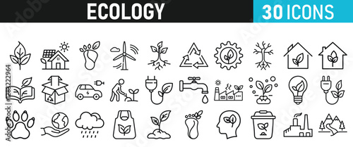 Ecology and Environment icons set. Ecology and Energy liner icons collection. Leaf, Eco friendly. Electric car, global warming, plant, weather. Vector illustration