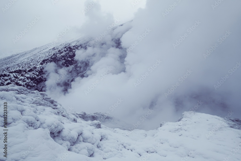 Fototapeta premium A mountain covered in snow with steam rising from the ground, perfect for winter or nature-themed projects