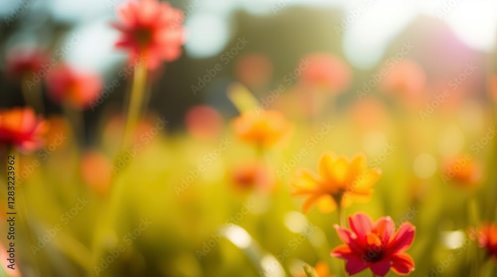 A gorgeous array of red and yellow wildflowers creates a dreamy, sunny bokeh in a field. A gorgeous array of red and yellow wildflowers creates a dreamy, sunny bokeh in a field.