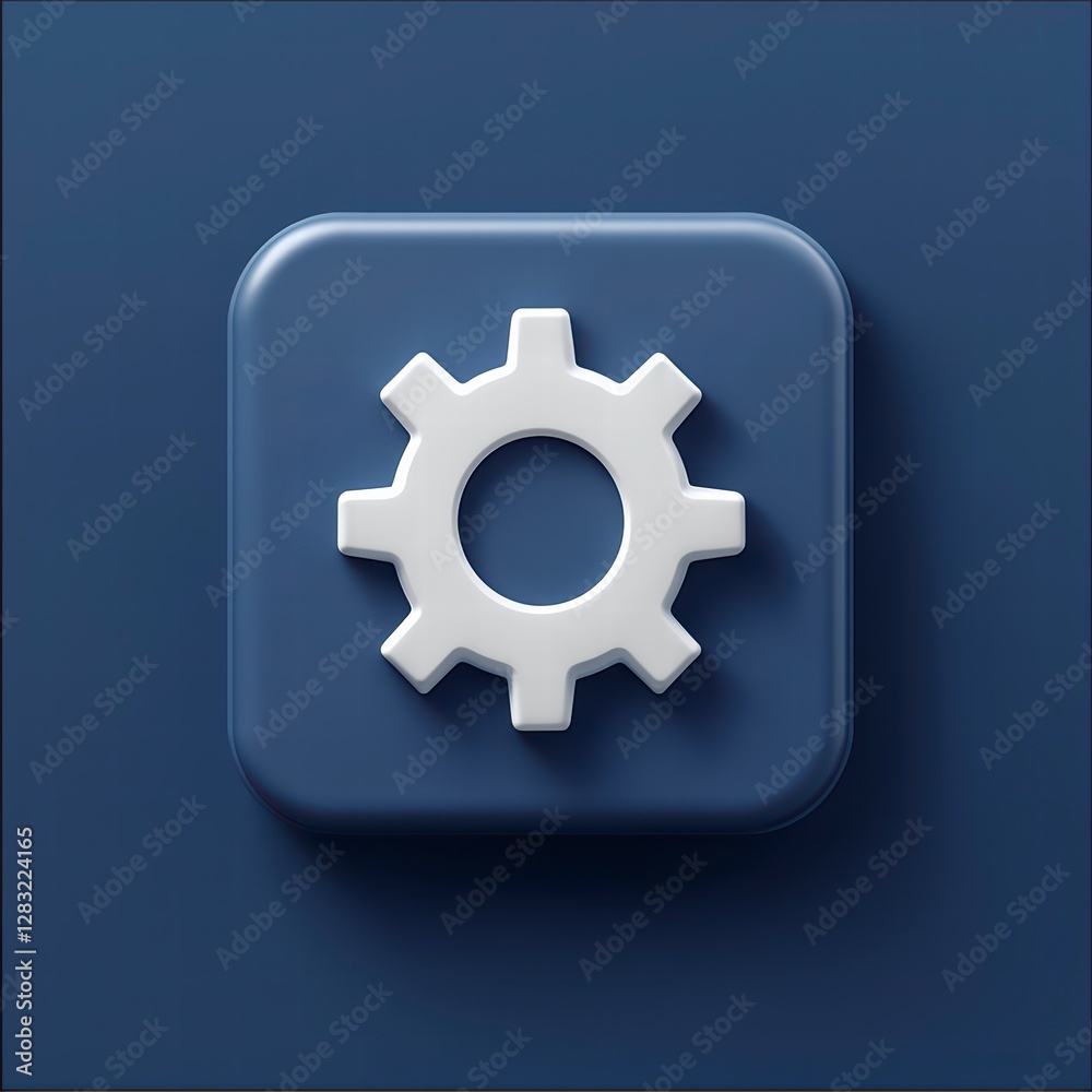 Gear Icon: A 3D rendering of a white gear icon, meticulously crafted and set against a smooth, deep blue backdrop, perfect for tech or industrial-themed visuals. Gear Icon: A 3D rendering of a white gear icon, meticulously crafted and set against a smooth, deep blue backdrop, perfect for tech or industrial-themed visuals.