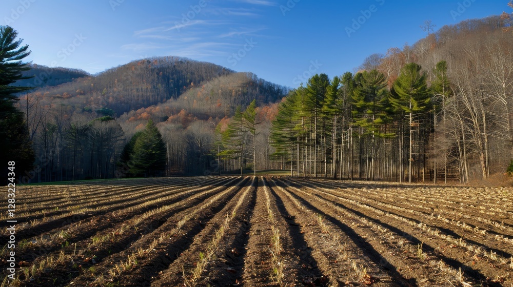 Expansive plowed agricultural landscape under clear sky, ideal for crop planting in rural area Expansive plowed agricultural landscape under clear sky, ideal for crop planting in rural area