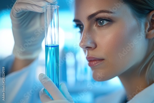 A scientist or researcher holding a tube of blue liquid, possibly for chemical testing or experimentation