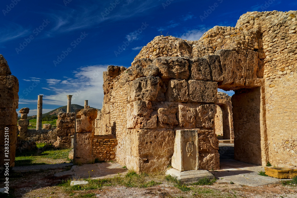 Naklejka premium l'area,archeologica di Thuburbo Majus con i resti dell'antica città Romana,Pont du Fahs,Tunisia