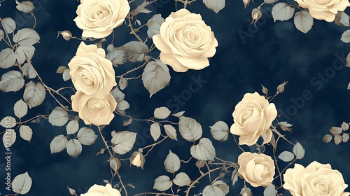 Elegant vintage rose garlands in muted ivory and beige hues, softly arranged over a deep navy blue backdrop. The seamless pattern features delicate botanical tendrils, intricate shading,