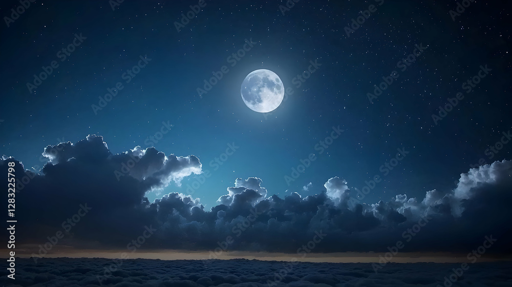 Pixelated Full Moon Illuminating a Dark Night Sky Above Textured Clouds and Sparkling Stars Pixelated Full Moon Illuminating a Dark Night Sky Above Textured Clouds and Sparkling Stars