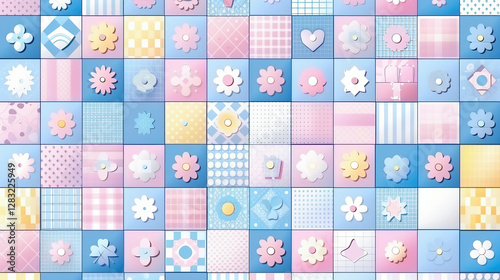 Pastel colors blooming flowers and leaves icons in folk geometric style. Spring, Easter, Summer theme
