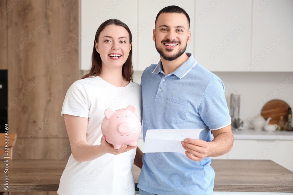 Young couple with refund form and piggy bank in kitchen Young couple with refund form and piggy bank in kitchen