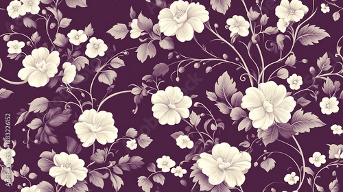 Ornate floral scrolls with soft white and blush pink flowers, delicately arranged in a seamless pattern over a deep aubergine background.