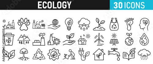 Ecology and Environment icons set. Ecology and Energy liner icons collection. Leaf, Eco friendly. Electric car, global warming, plant, weather. Vector illustration
