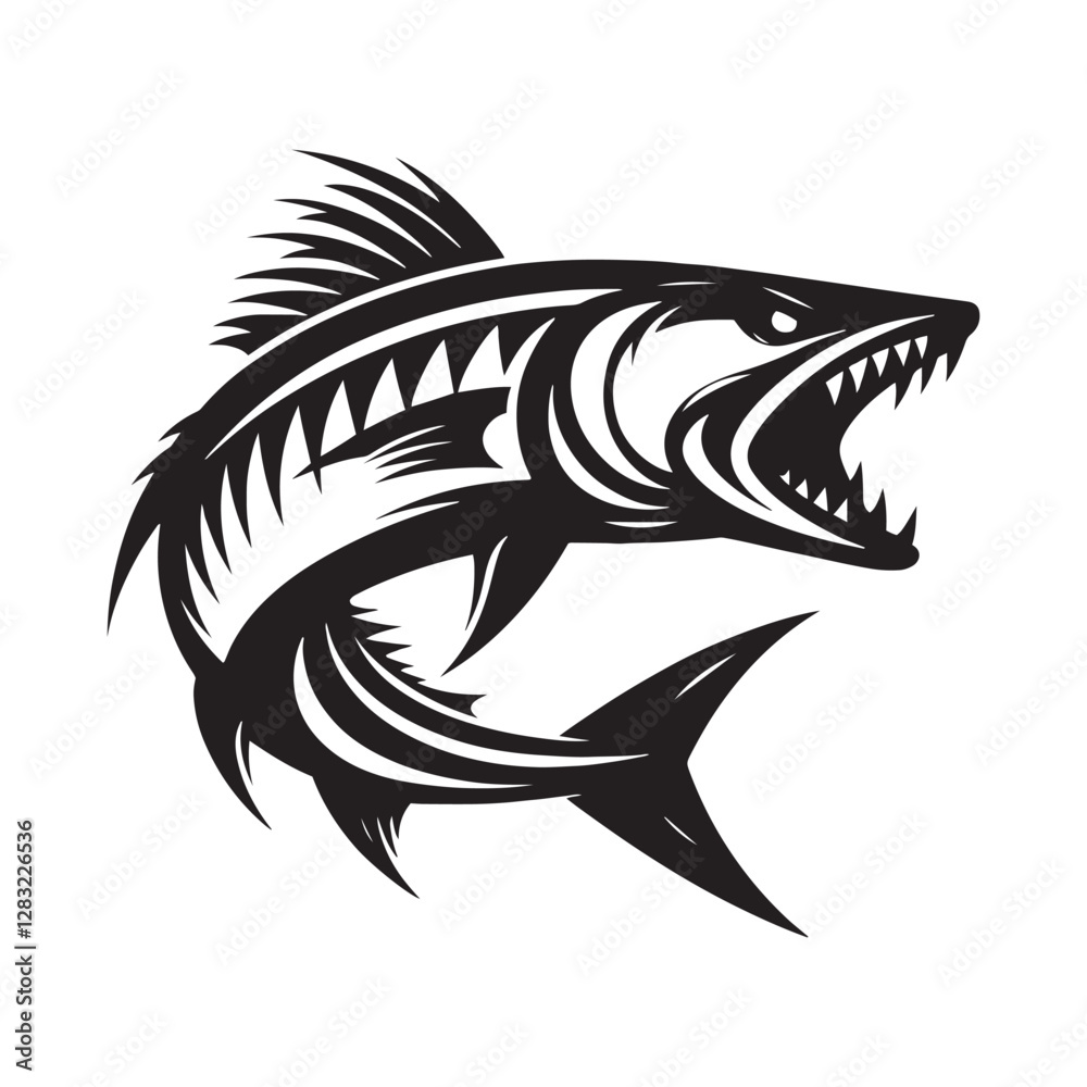 Naklejka premium Swimming Barracuda fish silhouette, sleek and defined - Barracuda fish illustration - Minimalist Barracuda vector - Fish silhouette