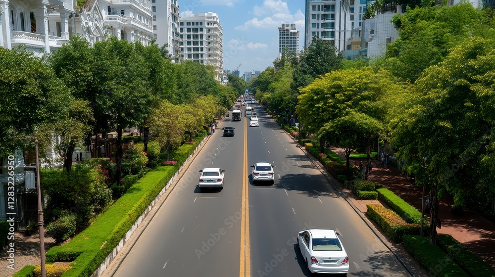 City Street View With White Vehicles Under Sunny Day City Street View With White Vehicles Under Sunny Day
