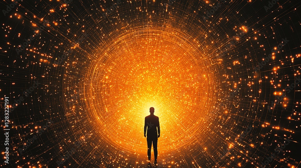 Fototapeta premium Futuristic illustration of a global network, a central figure surrounded by orangelit connections between individuals, symbolizing the interconnectedness of people