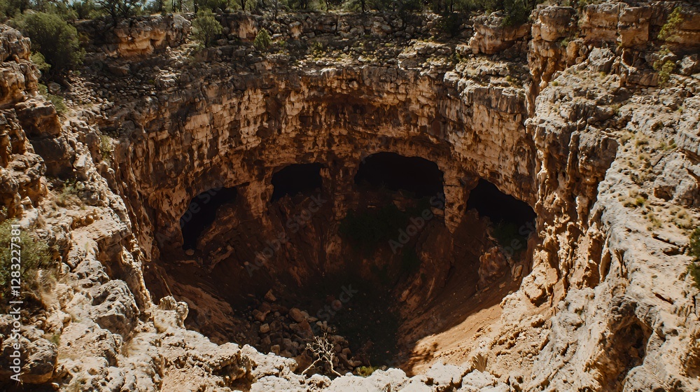 Large Sinkhole In Arid Landscape, Aerial View
