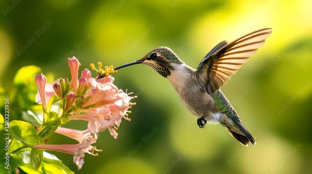 Fototapeta premium Hummingbird hovering near pink flowers in a vibrant garden, showcasing nature's beauty and tranquility