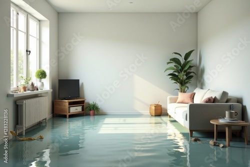 A tranquil living room scene with flooded floors, showcasing a beige sofa, potted plants, and a television, bathed in natural sunlight.