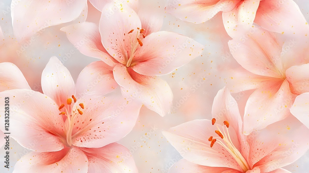 A seamless pattern of soft pink, peach, and ivory lilies with subtle golden accents, delicate watercolor strokes, airy botanical elegance, flowing floral composition, gentle pastel hues, A seamless pattern of soft pink, peach, and ivory lilies with subtle golden accents, delicate watercolor strokes, airy botanical elegance, flowing floral composition, gentle pastel hues,