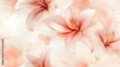 A seamless pattern of soft pink, peach, and ivory lilies with subtle golden accents, delicate watercolor strokes, airy botanical elegance, flowing floral composition, gentle pastel hues,
