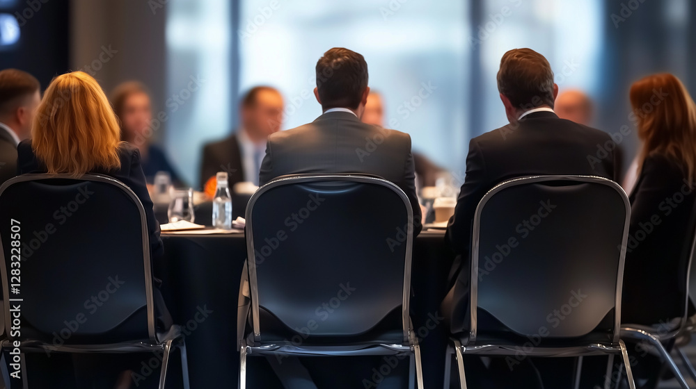 Business professionals sitting at a round table during a conference or presentation in a hotel, captured from behind with sharp focus and professional color grading. This high-quality image, showcasin Business professionals sitting at a round table during a conference or presentation in a hotel, captured from behind with sharp focus and professional color grading. This high-quality image, showcasin