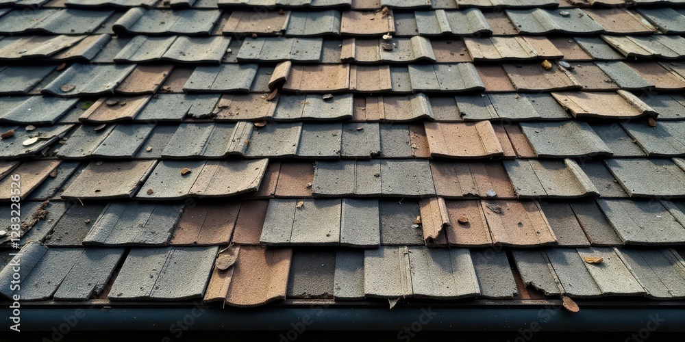 Textured Roof Surface Featuring Weathered Tiles in Shades of Gray and Brown Textured Roof Surface Featuring Weathered Tiles in Shades of Gray and Brown