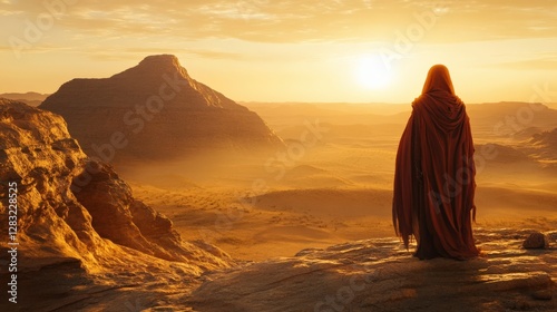 A lone figure stands in a vast desert at sunset, wrapped in a cloak, gazing at the mountains and golden horizon.