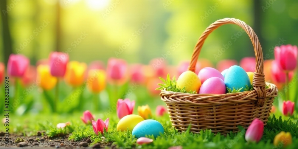 A delightful springtime scene featuring a wicker basket overflowing with vibrantly colored eggs nestled amongst a field of blooming tulips A delightful springtime scene featuring a wicker basket overflowing with vibrantly colored eggs nestled amongst a field of blooming tulips