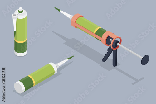 Caulking gun and silicone acrylic sealant adhesive tube. Industrial fill foam bottle with nozzle for repair work. 3d flat isometric vector illustration.