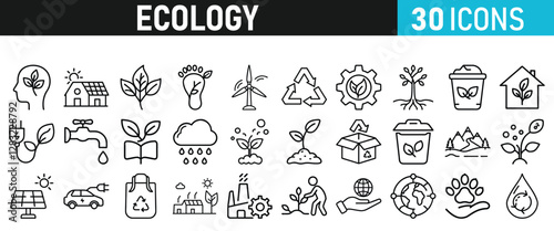 Ecology and Environment icons set. Ecology and Energy liner icons collection. Leaf, Eco friendly. Electric car, global warming, plant, weather. Vector illustration