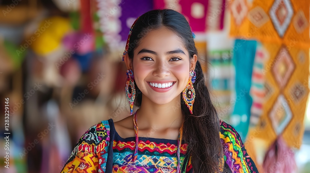 Colorful Traditional Clothing with Young Woman Smiling in Market Setting Surrounded by Craft Stalls Colorful Traditional Clothing with Young Woman Smiling in Market Setting Surrounded by Craft Stalls