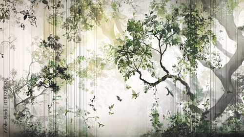 tranquil nature background with lush greenery and birds