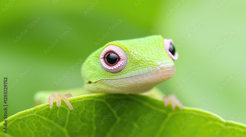 Obraz premium Close-up of a vibrant green lizard on a leaf