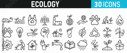 Ecology and Environment icons set. Ecology and Energy liner icons collection. Leaf, Eco friendly. Electric car, global warming, plant, weather. Vector illustration
