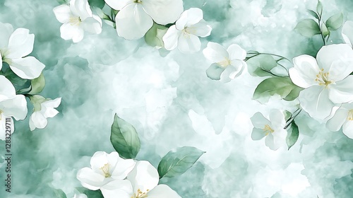 Fototapeta Naklejka Na Ścianę i Meble -  Dreamy watercolor jasmine pattern, delicate hand-painted white flowers, soft pastel blue-green foliage, light airy brush textures, seamless botanical illustration, elegant fabric print,