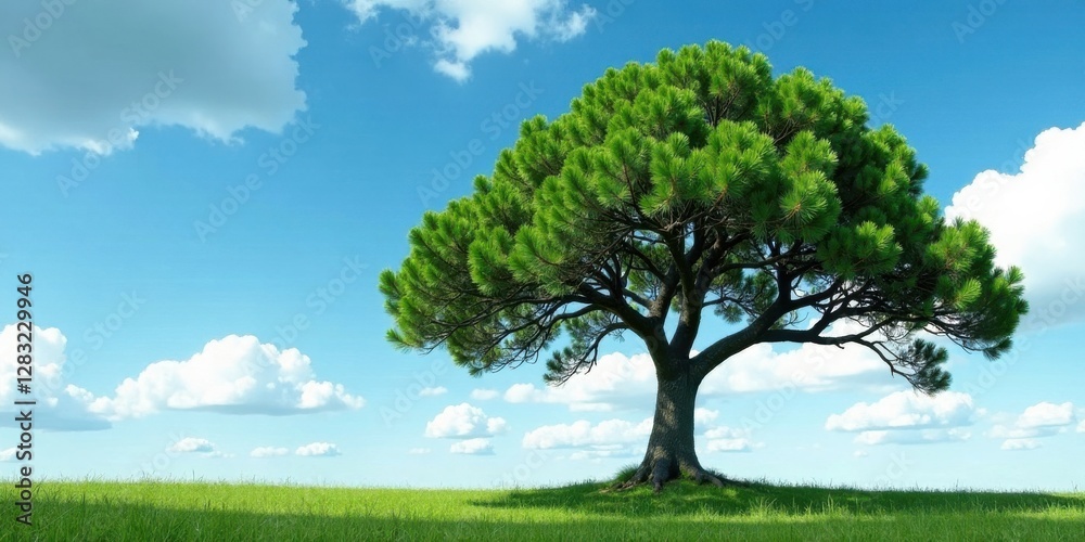 A solitary evergreen tree stands proudly on a verdant meadow under a vibrant, partly cloudy sky, symbolizing resilience and the serene beauty of nature A solitary evergreen tree stands proudly on a verdant meadow under a vibrant, partly cloudy sky, symbolizing resilience and the serene beauty of nature