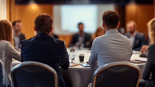 Business professionals sitting at a round table during a conference or presentation in a hotel, captured from behind with sharp focus and professional color grading. This high-quality image, showcasin