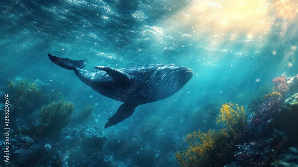 Obraz premium Majestic Whale in Underwater Paradise: A Symphony of Blue