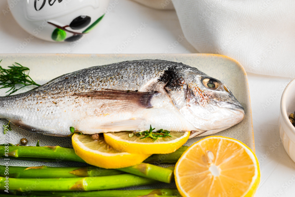 Fresh raw Dorado with asparagus spices, herbs, lemon and salt over white background. Fresh raw Dorado with asparagus spices, herbs, lemon and salt over white background.