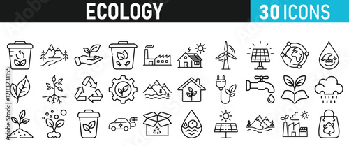 Ecology and Environment icons set. Ecology and Energy liner icons collection. Leaf, Eco friendly. Electric car, global warming, plant, weather. Vector illustration