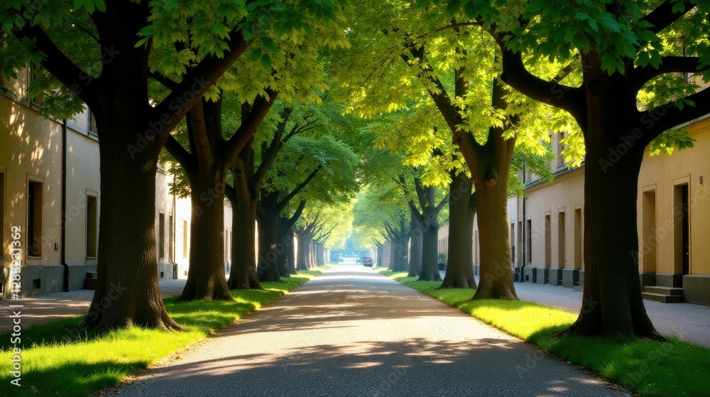 Sunlit Pathway Through a Canopy of Lush Green Trees Lining a Residential Street Sunlit Pathway Through a Canopy of Lush Green Trees Lining a Residential Street