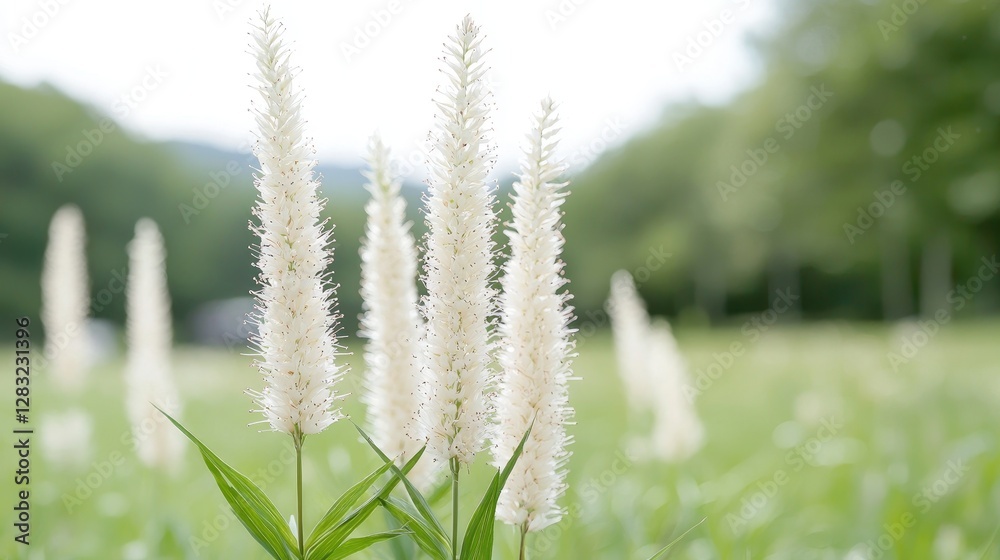 Obraz premium White fluffy wildflowers bloom in a green grassy meadow during a bright summer day.