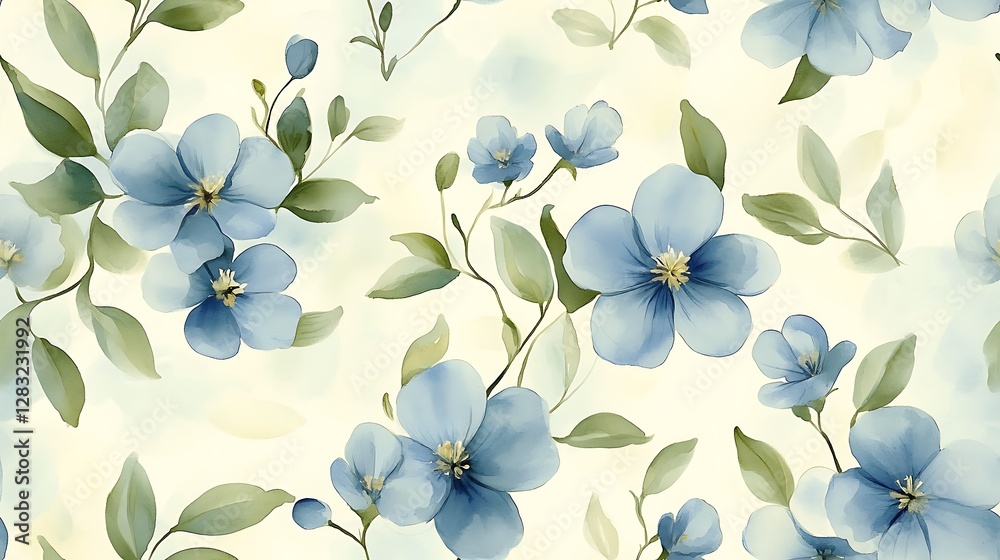 Fototapeta premium Elegant watercolor floral pattern featuring tiny jasmine blossoms, soft pastels of blue and green, delicate brushstroke details, seamless design for fabric and wallpaper, airy botanical textures,