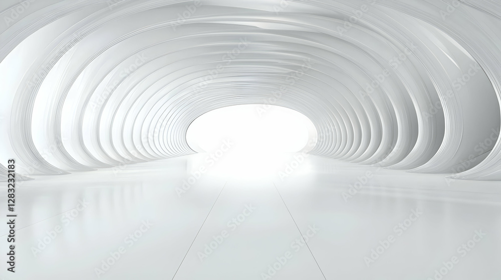 Modern White Futuristic Tunnel Interior Perspective With Bright Light and Geometric Structure Modern White Futuristic Tunnel Interior Perspective With Bright Light and Geometric Structure