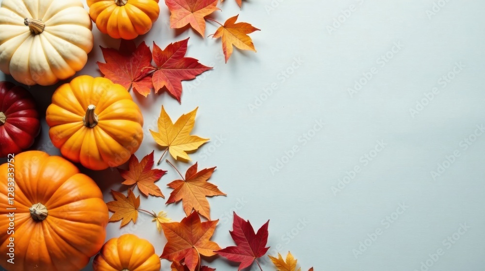 Obraz premium Autumnal Harvest Abundance Colorful Pumpkins and Vibrant Fall Leaves on a Light Blue Background