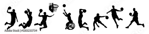Silhouettes of different sports men, woman, disabled person in wheelchair basketball players. Professional sportsmen with ball, basket with net and shield. Vector isolated