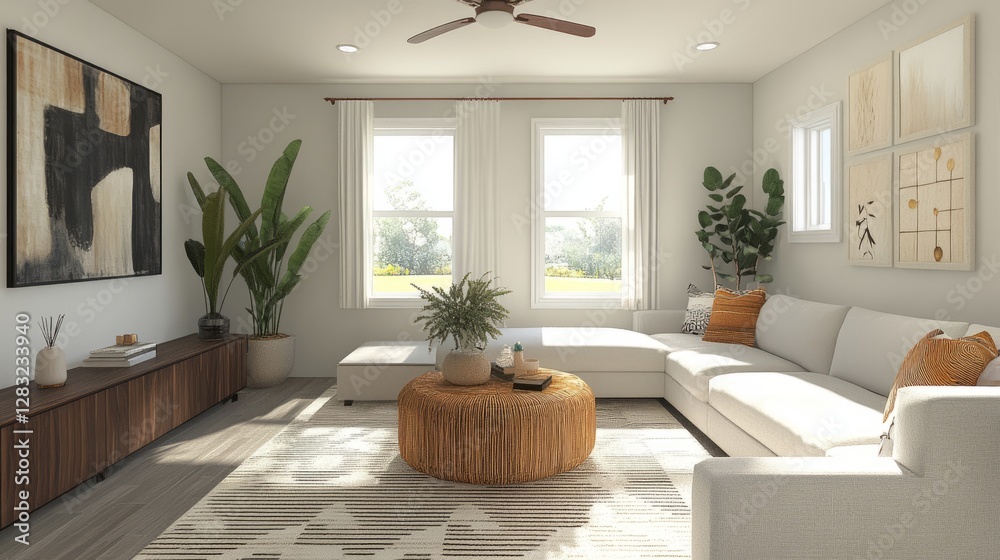 Fototapeta premium Modern Living Room With White Sofa And Cozy Decor, Plants, And Natural Light.